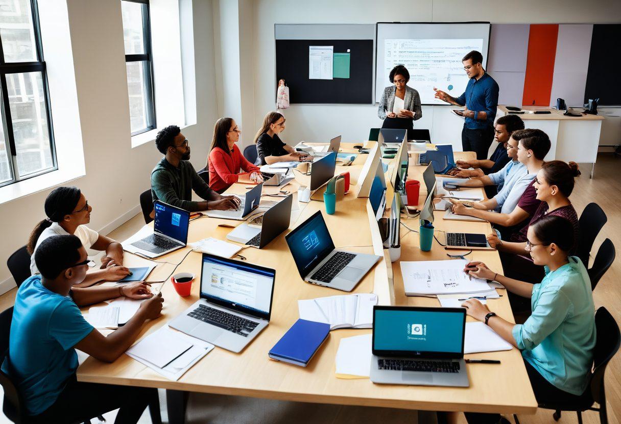 A welcoming scene featuring a diverse group of people collaborating around a large table filled with laptops and notepads, showcasing teamwork and innovation. Include elements of accessibility tools like screen readers and adaptive devices scattered around. Bright and inviting colors to evoke a sense of community and support, with inspirational quotes about user-friendly design displayed on walls. super-realistic. vibrant colors. white background.