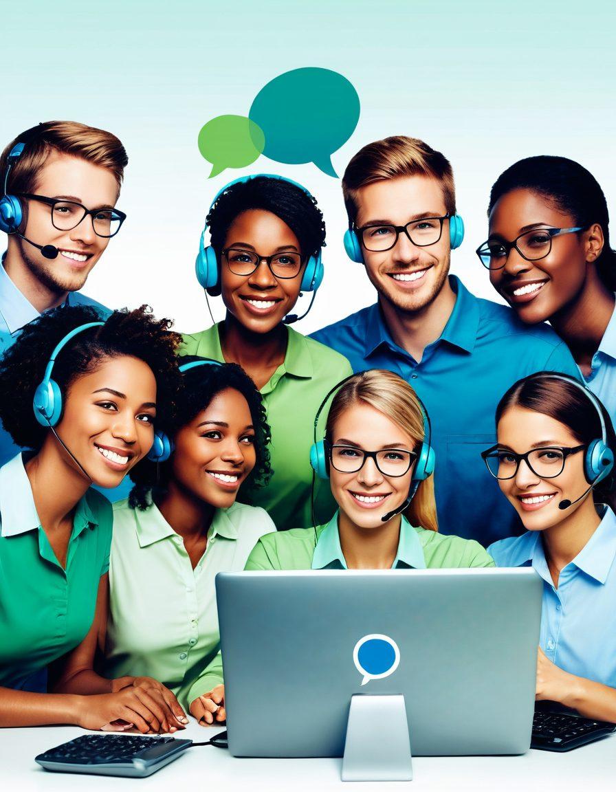 A serene scene depicting a diverse group of customer support agents engaging with happy clients over a computer screen, showcasing empathy and understanding. Incorporate symbols of technology like chat bubbles and help icons surrounding them, with a calming color palette of blues and greens. The background should feature a soft gradient, representing compassion and support in service. super-realistic. vibrant colors. white background.