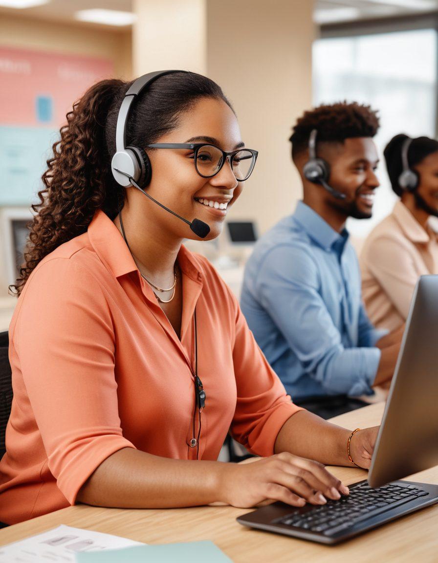 A serene customer support center with diverse representatives assisting clients of all abilities, showcasing inclusivity with features like sign language support and accessible technology. Soft, welcoming colors create a friendly atmosphere, while a transparent infographic illustrates positive client experiences. The background includes subtle hints of various communication tools, symbolizing connection and support. super-realistic. vibrant colors. warm tones.